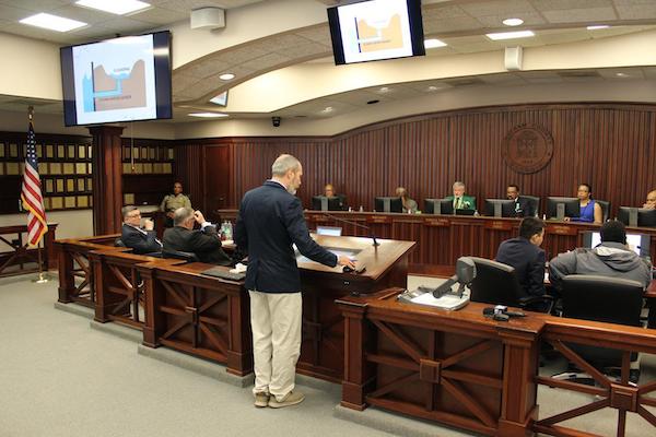 Jason Evans of Stetson University (not affiliated with the Smart Sea Level Sensors project) discusses the results of his sea level rise modeling at the Chatham County Commission Friday, March 6.