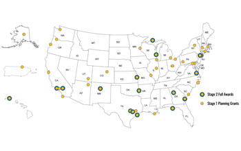 Map of the U.S. showing the location of each of the NSF Civic awardees